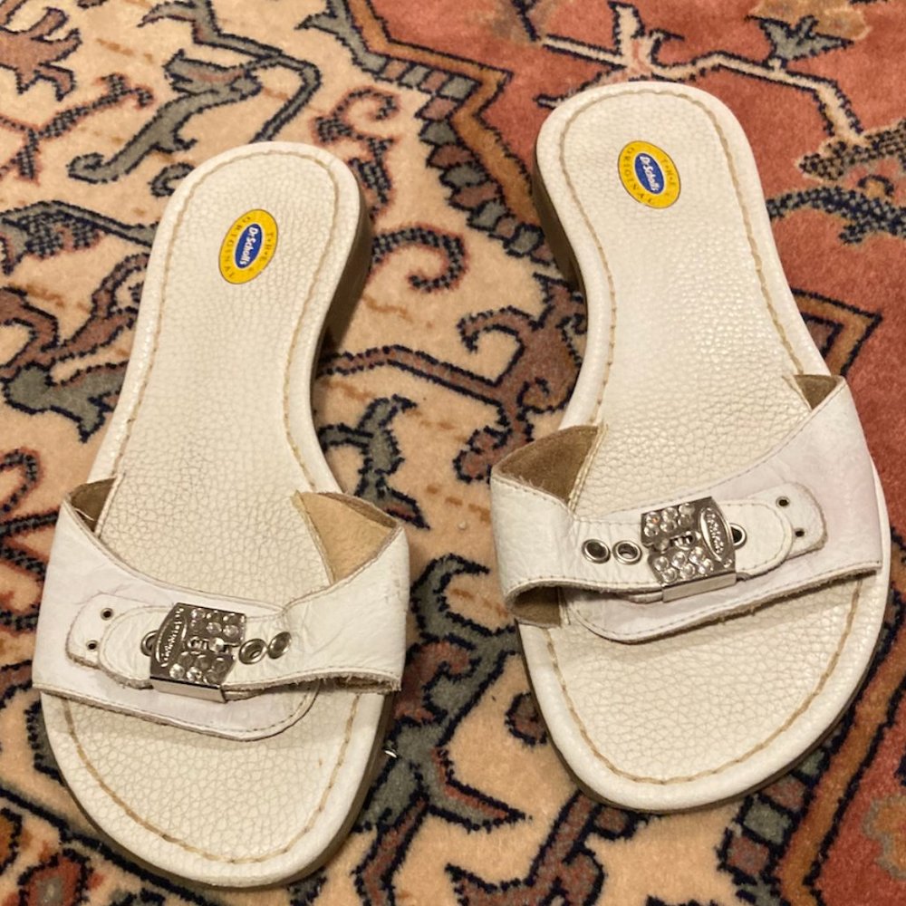Dr Scholl's White Sandel Flatout Jeweled Leather Slide 8 Doctor Sandals Leather